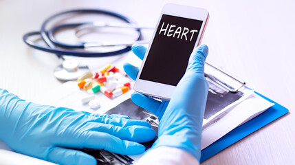 Close up hands doctor take smartphone with text HEART tablets, stethoscope ,healthcare. Medicine