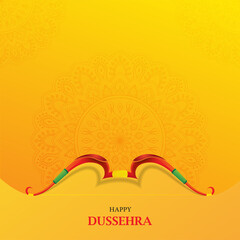Happy Dussehra Indian Festival card with bow on Orange Background with Mandala.