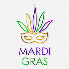 Obraz premium Carnival mask with gold, green, yellow and violet colors with lettering Mardi Gras. Isolated on white paper background. Vector illustration. 