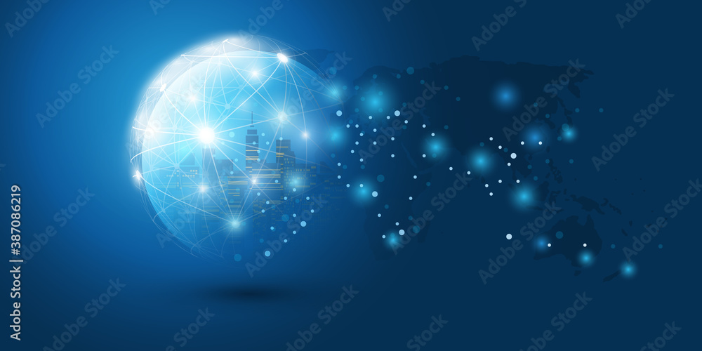 Poster futuristic smart city, iot and cloud computing design concept with globe, world map and glowing node
