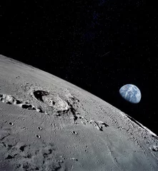 Fotobehang Nasa Het maanoppervlak, uit een hoek genomen, met de bewaarde voetafdrukken van de astronauten die daar zijn geweest als bewijs van de aanwezigheid van een persoon. Elementen van deze afbeelding geleverd door NASA.