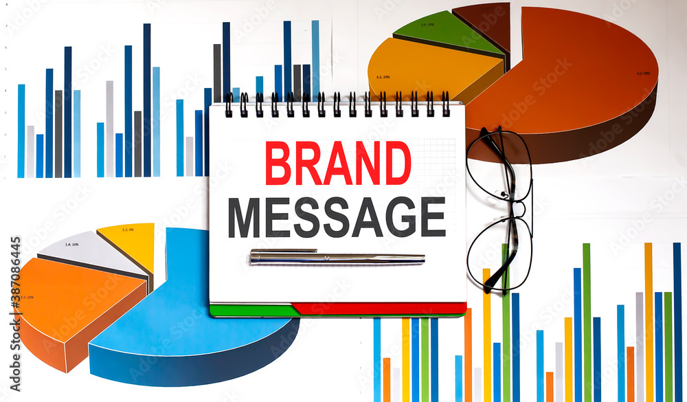 Poster brand message text on notepad on chart background with pen and glasses