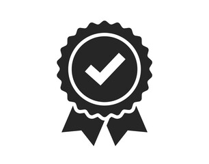Rosette award medal icon vector with ribbon and check mark tick label black and white, concept of premium quality, recommended certificate, idea of guaranty or warranty badge with approved checkmark