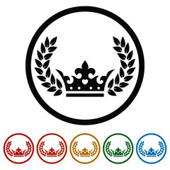 Laurel wreath with crown ring icon, color set