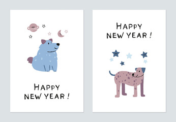 New Year greeting card template design, adorable dog character