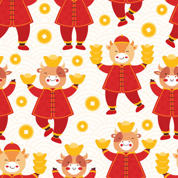 Chinese new year 2021 ox. Seamless pattern cute baby bulls in traditional red Chinese clothes with gold coins and bars. Orient zodiac fortune symbol. Hand drawn animal holidays cartoon character.
