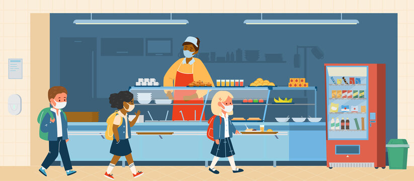 Vector School Canteen With Different Races Pupils In Protective Masks Standing In Line To Take. School Life During Covid-19 Pandemic. Flat Illustration.
