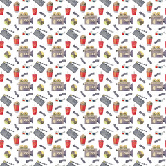 Watercolor pattern with numbering, 3d glasses, movie camera, popcorn, cola, film strip. Seamless pattern on the theme of filming and cinema on a white background