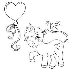Cute magical unicorn with a balloon. Cute cartoon vector unicorn with rainbow coloring page.
