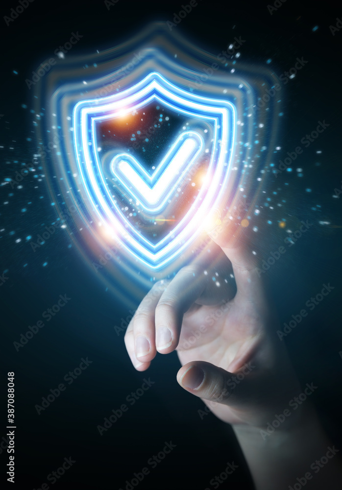 Poster Man hand using digital shield protection blue holographic interface 3D rendering