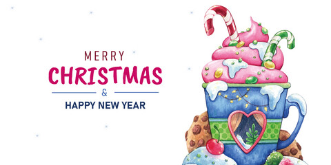 Christmas web banner with watercolor elements. Watercolor blue cup with sweets: sweets, cookies, whipped cream. Merry Christmas and Happy New Year greetings.