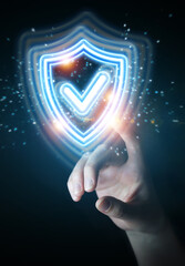 Man hand using digital shield protection blue holographic interface 3D rendering