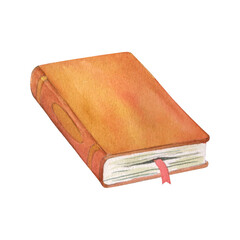 Watercolor illustration of brown book with red bookmark on white background