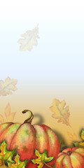 Obraz na płótnie Canvas Vertical banner template with watercolor autumn elements: pumpkins and leaves. Happy Thanksgiving. Happy Halloween. Hello, autumn. Template for autumn discounts