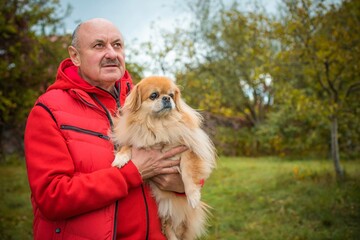 Senior man with a red little dog outdoor, man retired, lifestyle of older people