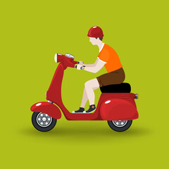 Young guy rides a scooter, red vintage scooter with man isolated on green background, vector illustration