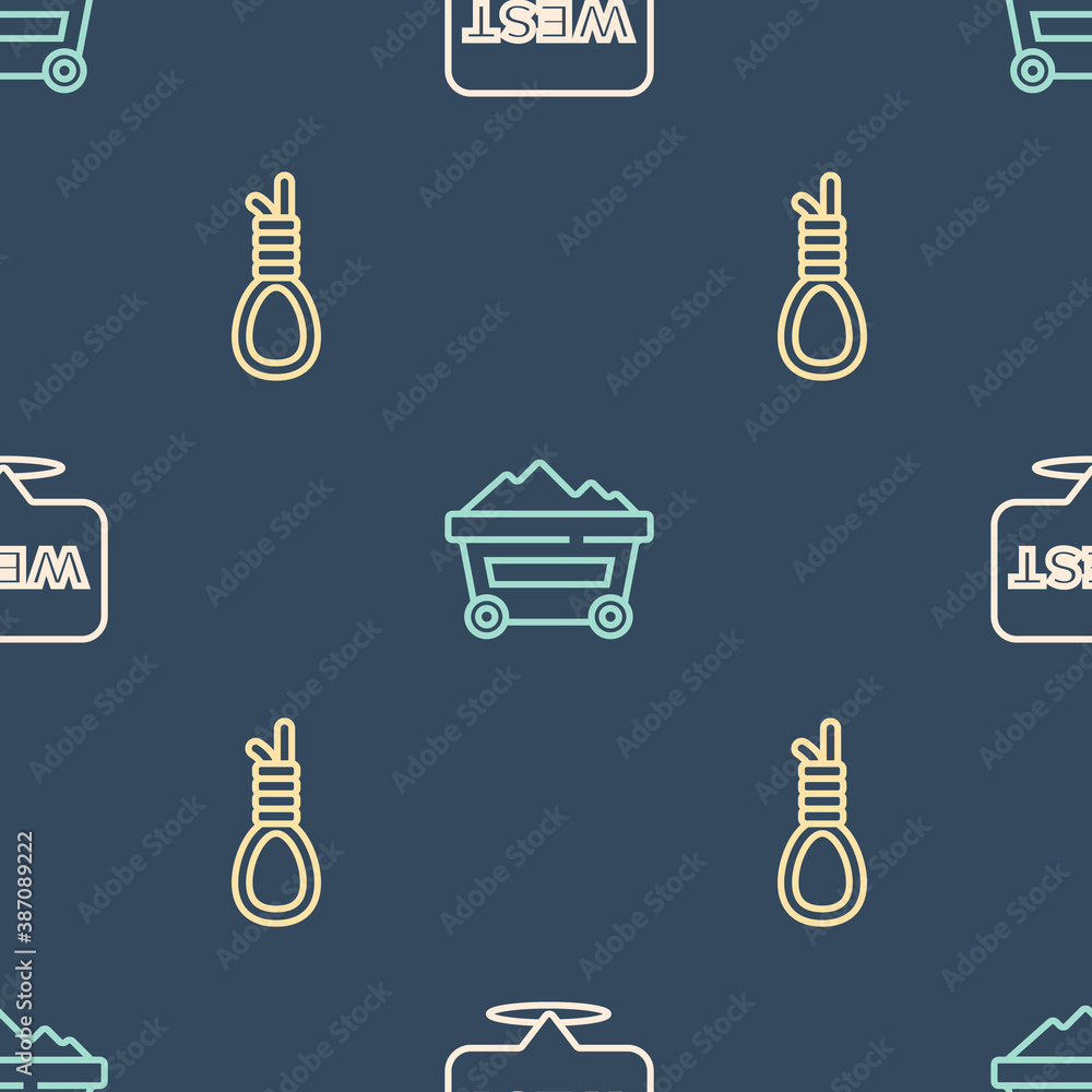 Poster set line pointer to wild west, gallows rope loop hanging and coal mine trolley on seamless pattern. 