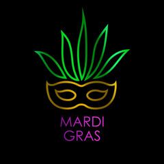 Obraz premium Carnival mask with gold, green, yellow and violet colors with lettering Mardi Gras. Isolated on black background. Vector illustration. 
