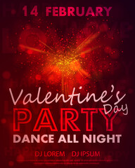 Poster for Valentines Day party, dance template with red  heart from burst, lights and lettering love, happy. Vector illustration for Holidays.