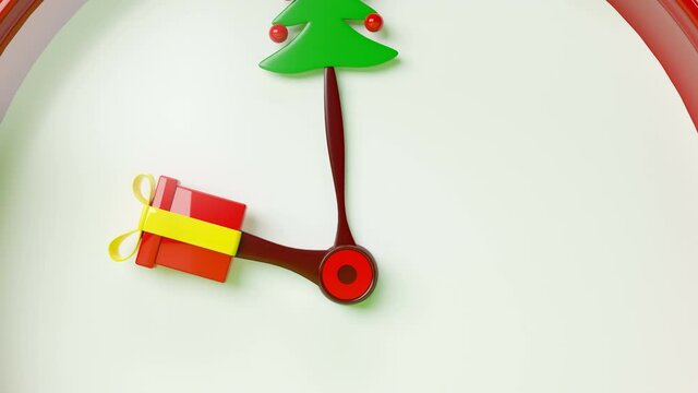 Conceptual alarm clock on the topic of Christmas. Countdown to gifts and green trees.
Gifts are falling on the back. Sale, promotions, bargains, price reductions