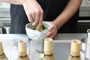 Japanese tea ceremony - Making a cup of Japanese tea horizontal