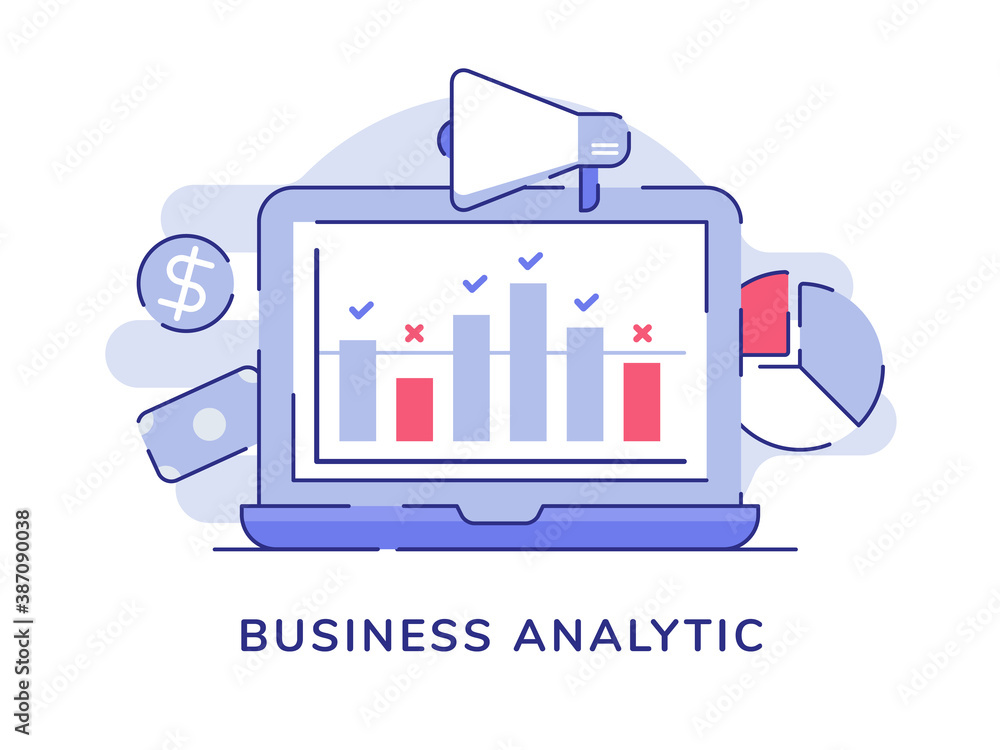 Poster business analytic concept bar chart statistic on display laptop screen white isolated background wit