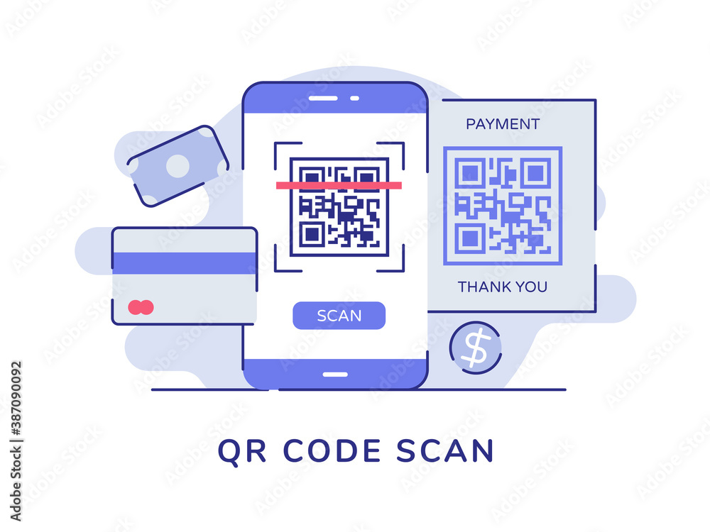 Poster qr code scan barcode on display smartphone screen money card bank white isolated background with fla