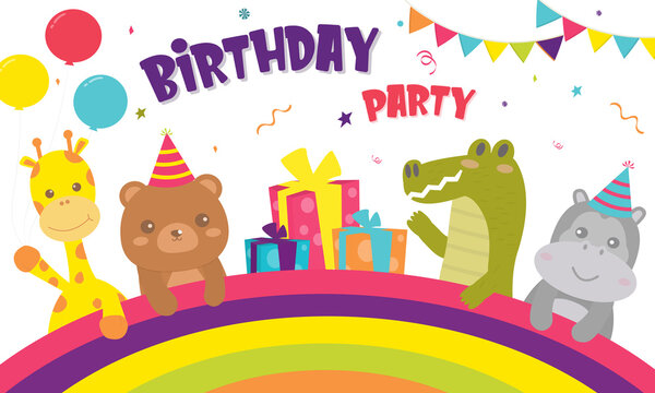 Happy Birthday animal with cake , giftbox decoration for greetings card. Set birthday Party Bear giraffe hippopotamus and crocodile cards design invitation.Card for kids.Colorful cute card design.