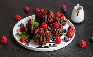 Mini chocolate cakes with chocolate and fresh berries