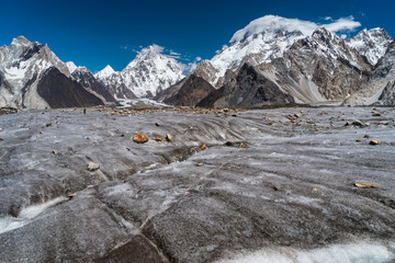 Vigne glacier and K2 mountain peak in Karakoram mountains range, K2 base camp trekking route, Pakistan