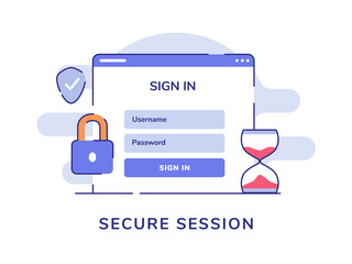 Secure session concept sign in user name password computer padlock shield white isolated background with flat style