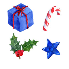 Watercolor set of Christmas elemements: gift box, candy, holly and star