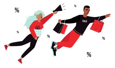 A Man and a Woman With Packages Fly Shopping. Vector illustration