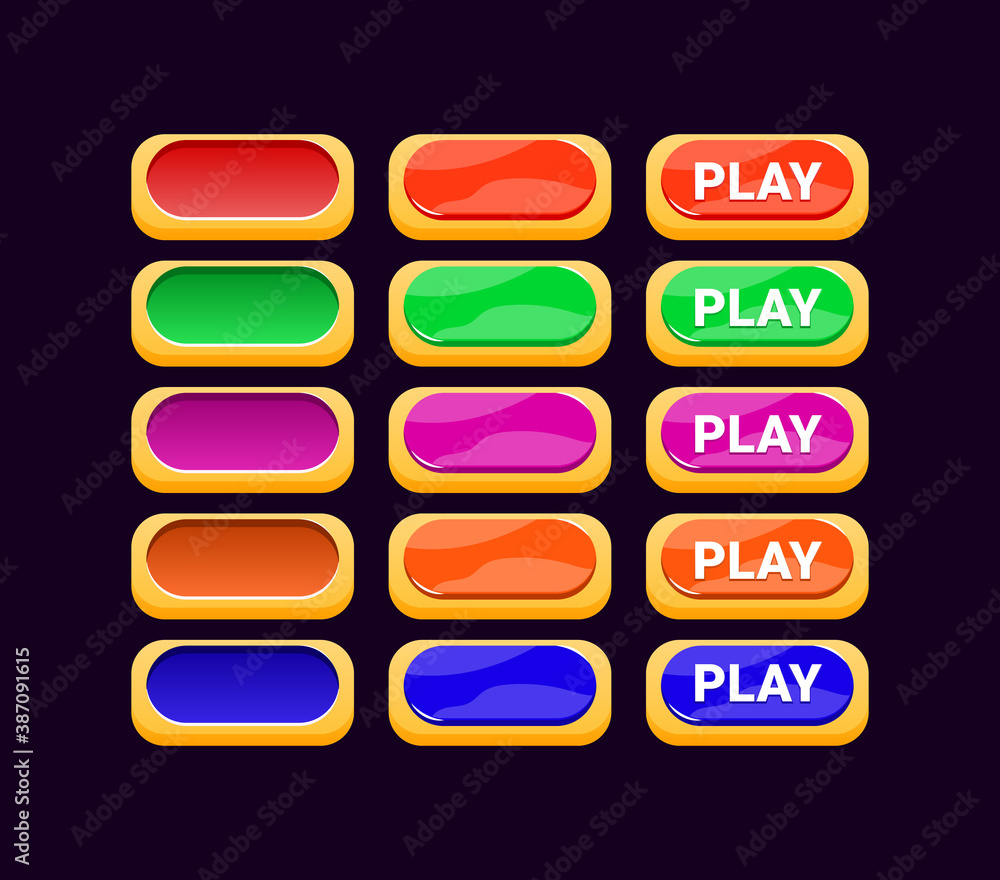 Poster set of gui jelly button with golden border for game ui asset elements vector illustration