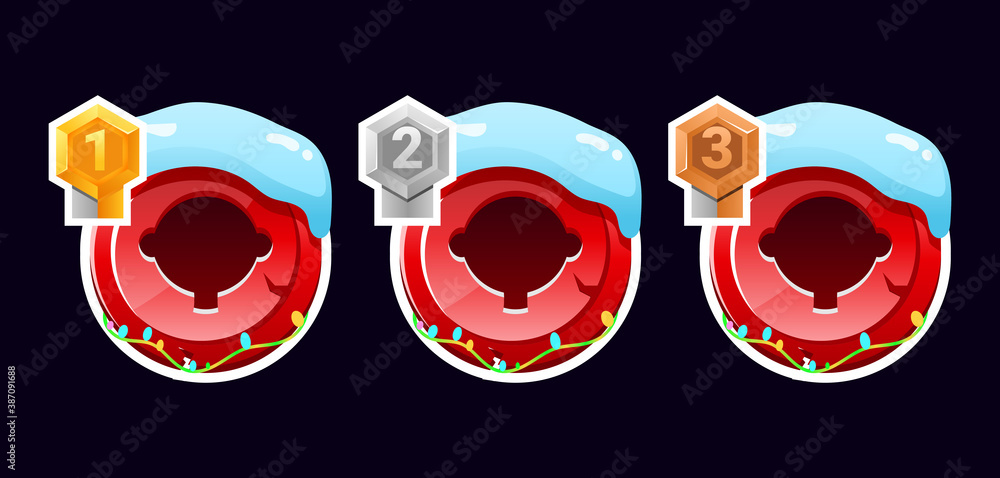 Poster set of gui christmas rounded border avatar with grade for game ui asset elements vector illustration