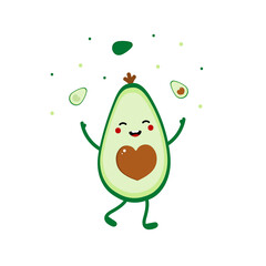 Cute happy and smiling cartoon style avocado character throwing confetti and small avocados in the air.
