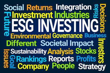 ESG Investing Word Cloud on Blue Background