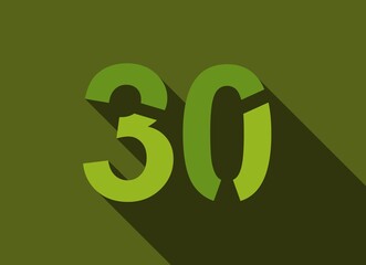 30 Number with long shadow, green colors cutting style. For logo, brand label, design elements, corporate identity, application & more. Vector editable illustration.