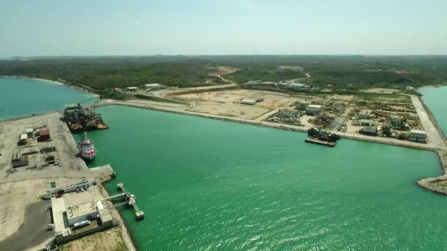 Aerial view of oil platform facilities.