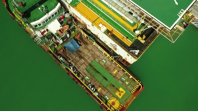 Aerial view of a drillship.