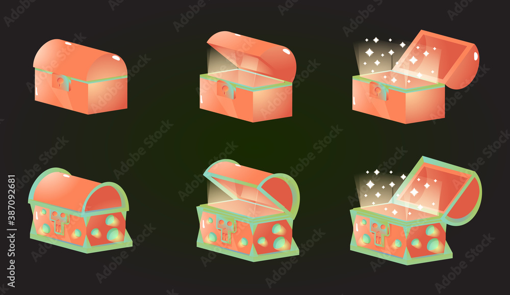 Aufkleber set of treasure space box chest opened and closed gui game elements fo 2d game ui. vector illustrati