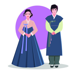 Traditional Korean clothing. A couple in traditional Korean costumes. Hanbok. Asia. Vector illustration.