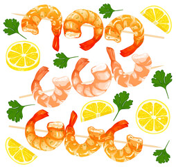 Shrimps on skewers, shrimps without shell, shrimp meat. Boiled Shrimp drawing on a white background.