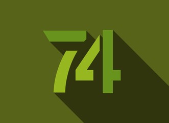 Fototapeta premium 74 Number with long shadow, green colors cutting style. For logo, brand label, design elements, corporate identity, application & more. Vector editable illustration.