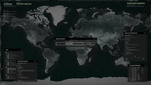 Searching progress of the criminal elements all over the world and discoveries in Chicago. USA. Log in to modern secret spy futuristic system. Computer user interface. Decoding process. 