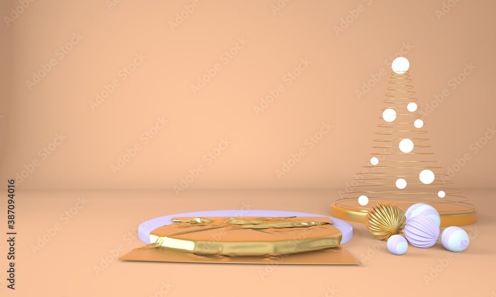 Poster christmas background with christmas tree and stage for product display. 3d rendering.