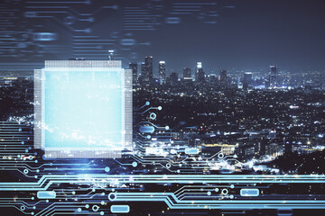 Data theme hologram drawing on city view with skyscrapers background multi exposure. Ai concept.