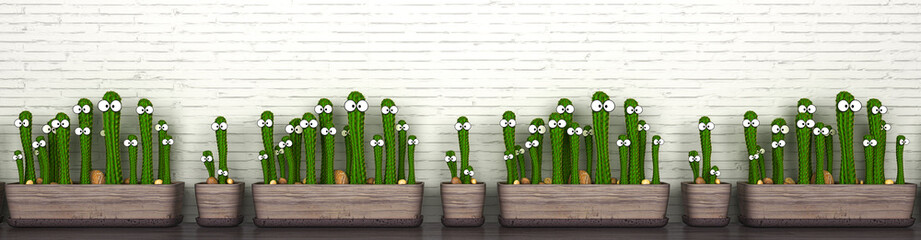Cactus with human eyes in pot, succulent plants, 3d rendering, 3d illustration