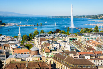 Aerial view over the rooftops of the Geneva, Switzerland, the bay of Geneva and the Lake Geneva...