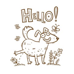 Fototapeta premium Сard with cute cartoon dog peeing on grass. Funny puppy in nature. Joyful animal for a walk. Vector line art. Comic pet print.